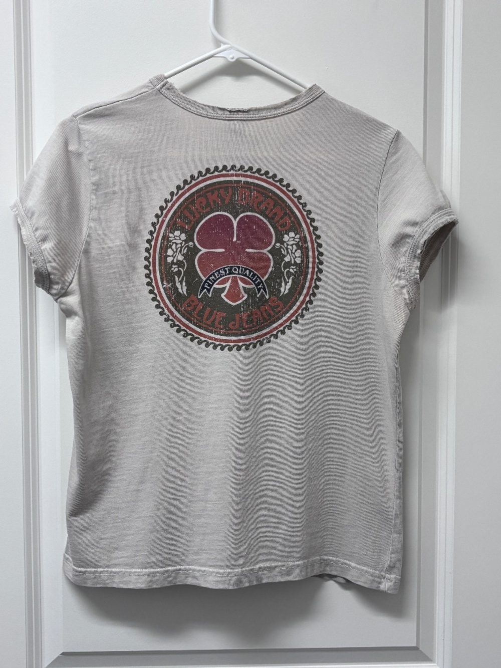 Lucky Brand Jeans Clover Logo T-Shirt XL Womens Taupe Graphic USA Cotton Vintage
